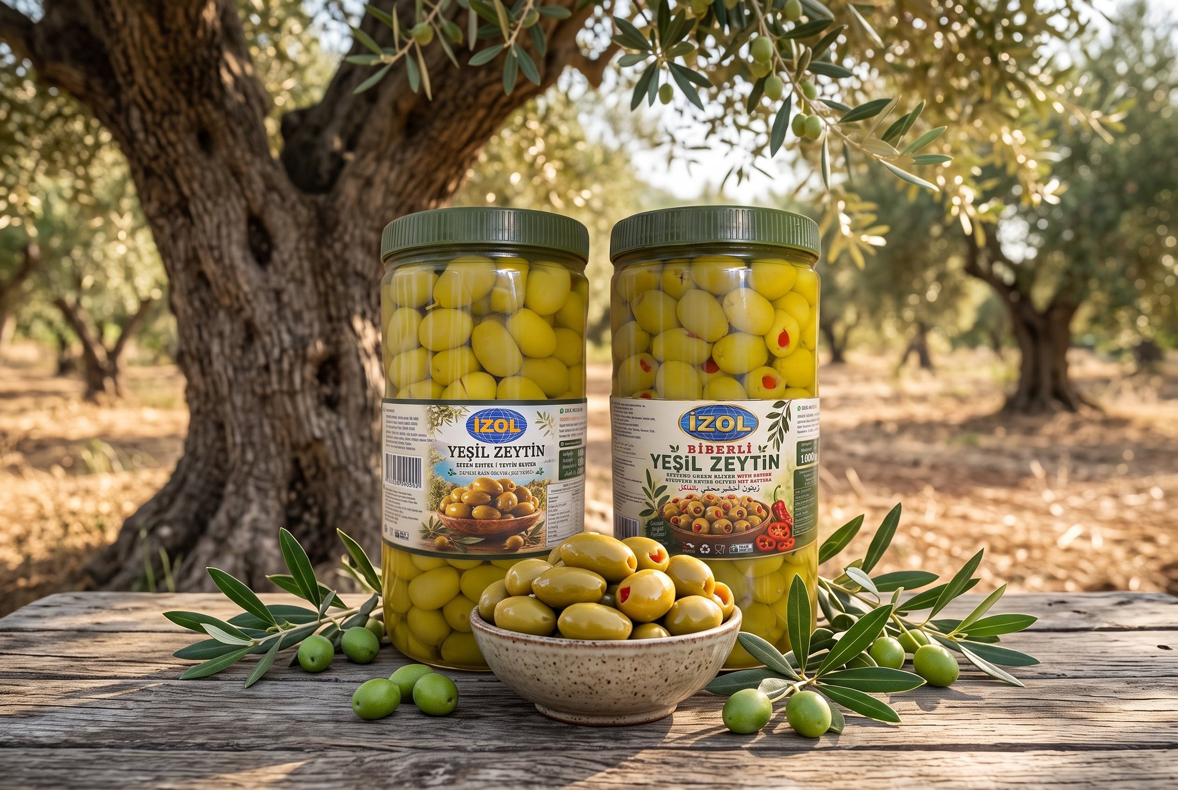 İzol yeşil zeytin, biberli ve çizik yeşil zeytin ambalajları